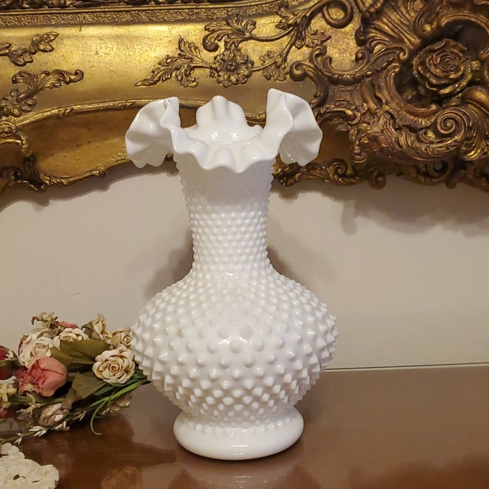 Fenton White Milk Glass Ruffle Hobnail Vase